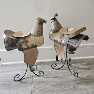 Western cowboy horse saddle metal‎ candleholder set of 2